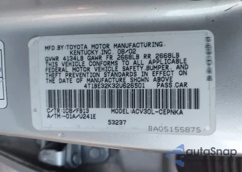 2002 Toyota Camry Le из США, поврежденный, VIN 4T1BE32K32U626501